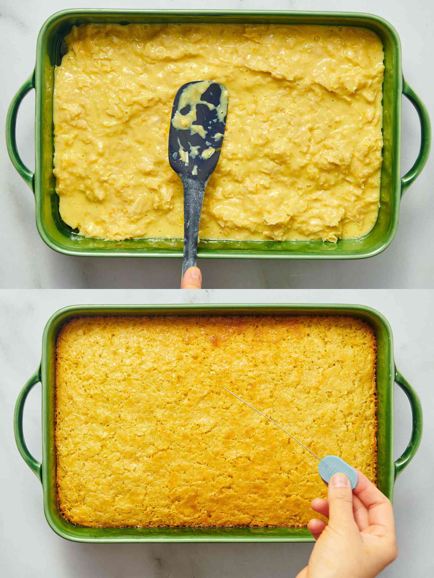 2 image collage. Top: spreading cake mixture into pan. Bottom: Pricking baked cake 