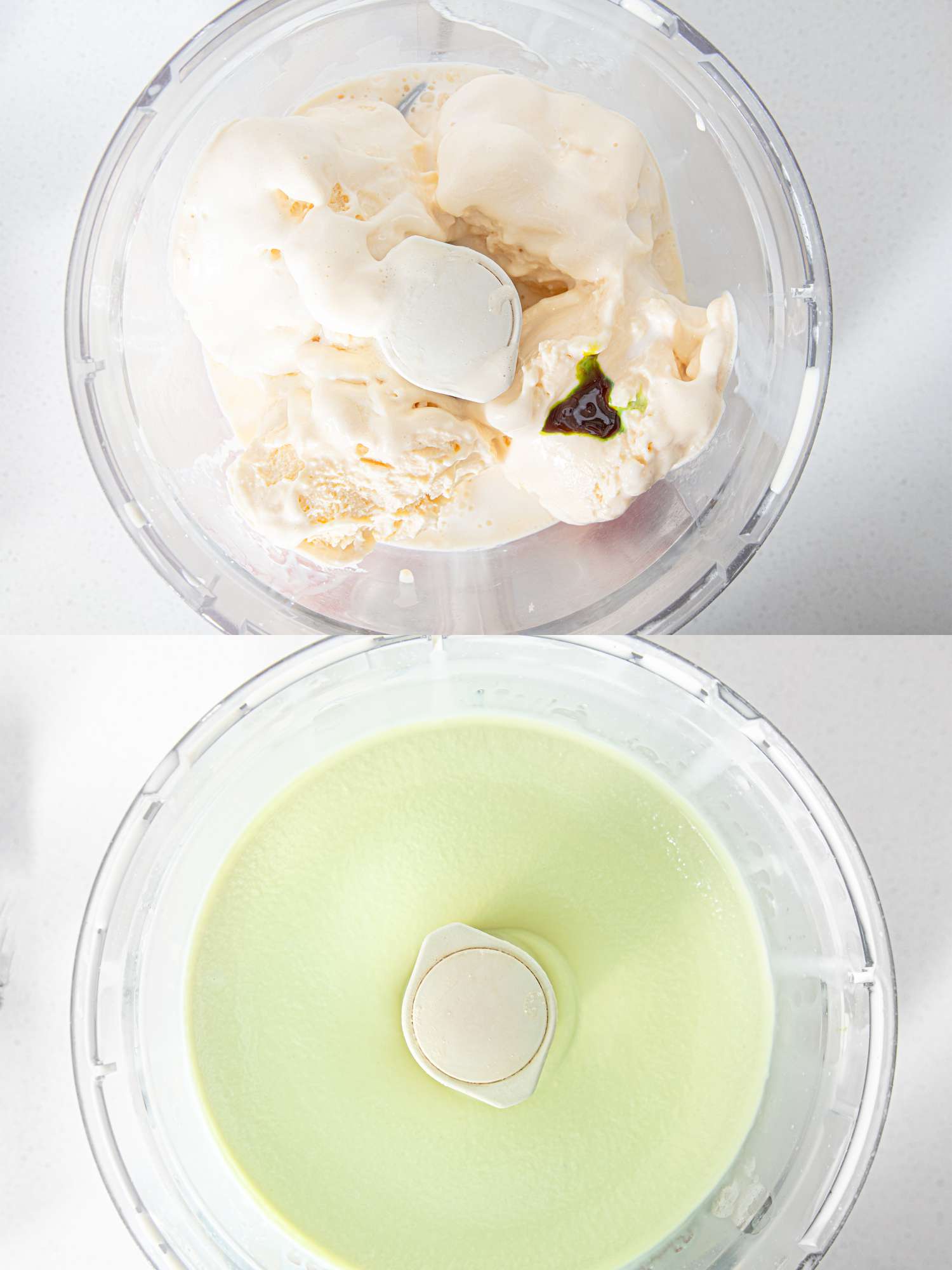 Two image collage of shamrock shake being made in food processor