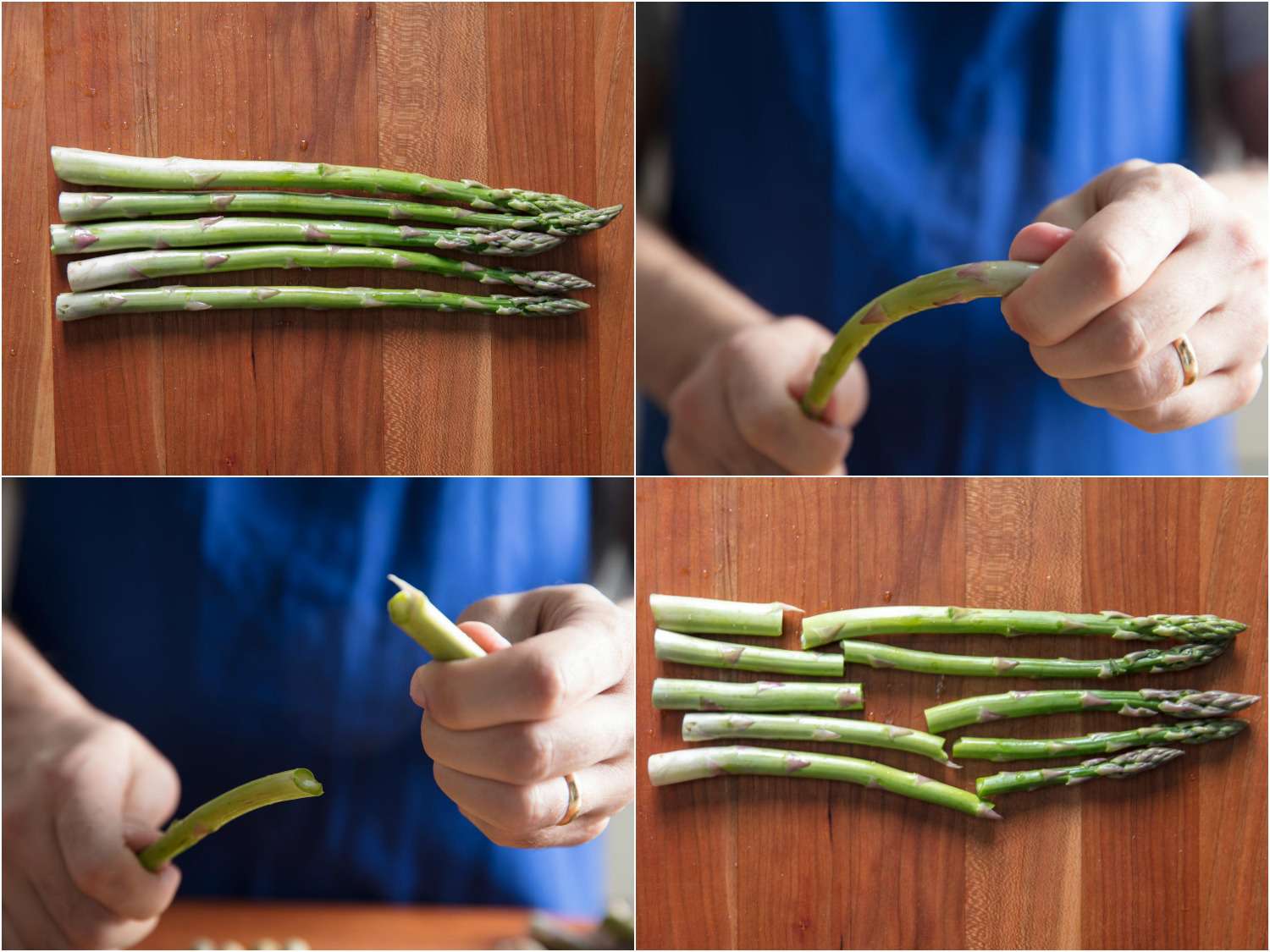 Collage of asparagus stalks being snapped at different lengths.