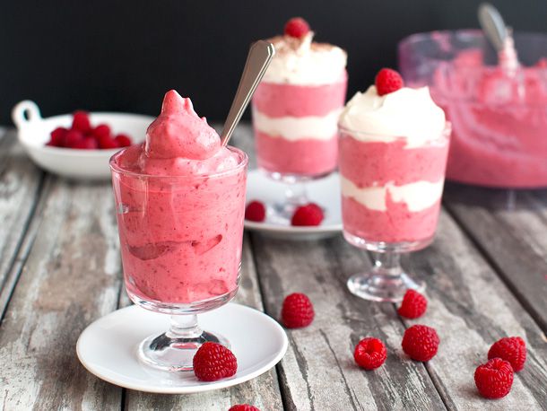 Parfait glasses filled with simple, 3-ingredient raspberry mousse 
