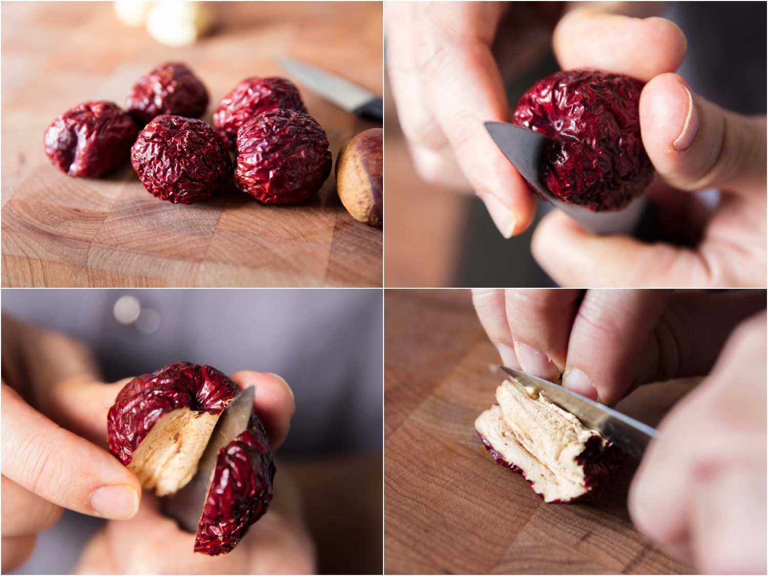 A 4-image collage showing cutting the pits out of dried jujubes for Hobak beombeok (Korean pumpkin porridge)