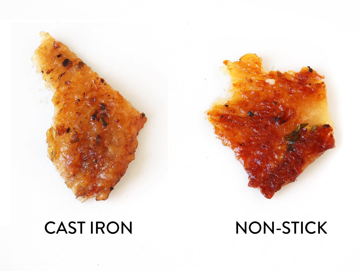 A crispy chicken comparison between cooking on a cast iron (left piece of chicken) and cooking on a non-stick skillet (right piece of chicken) with both showing a nice golden-brown color.
