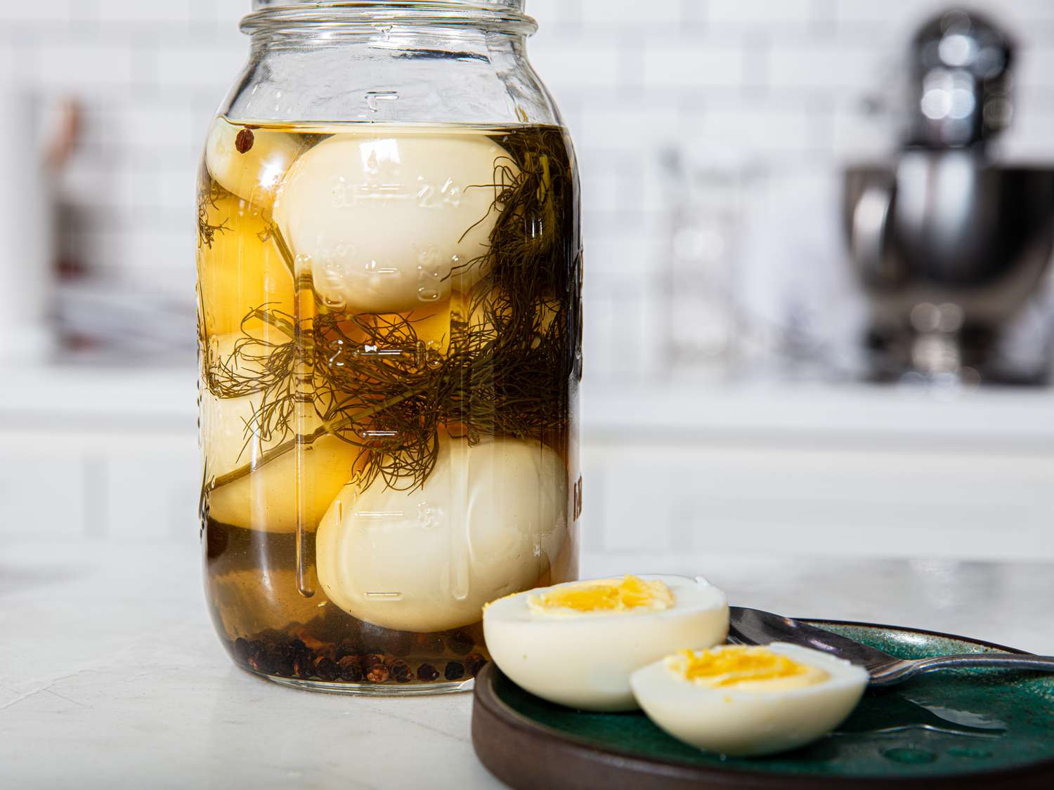 Side view of pickled eggs