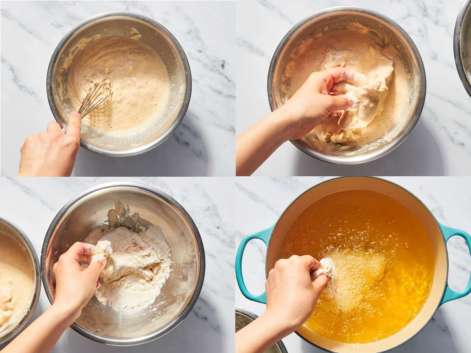 Four image collage of frying fish