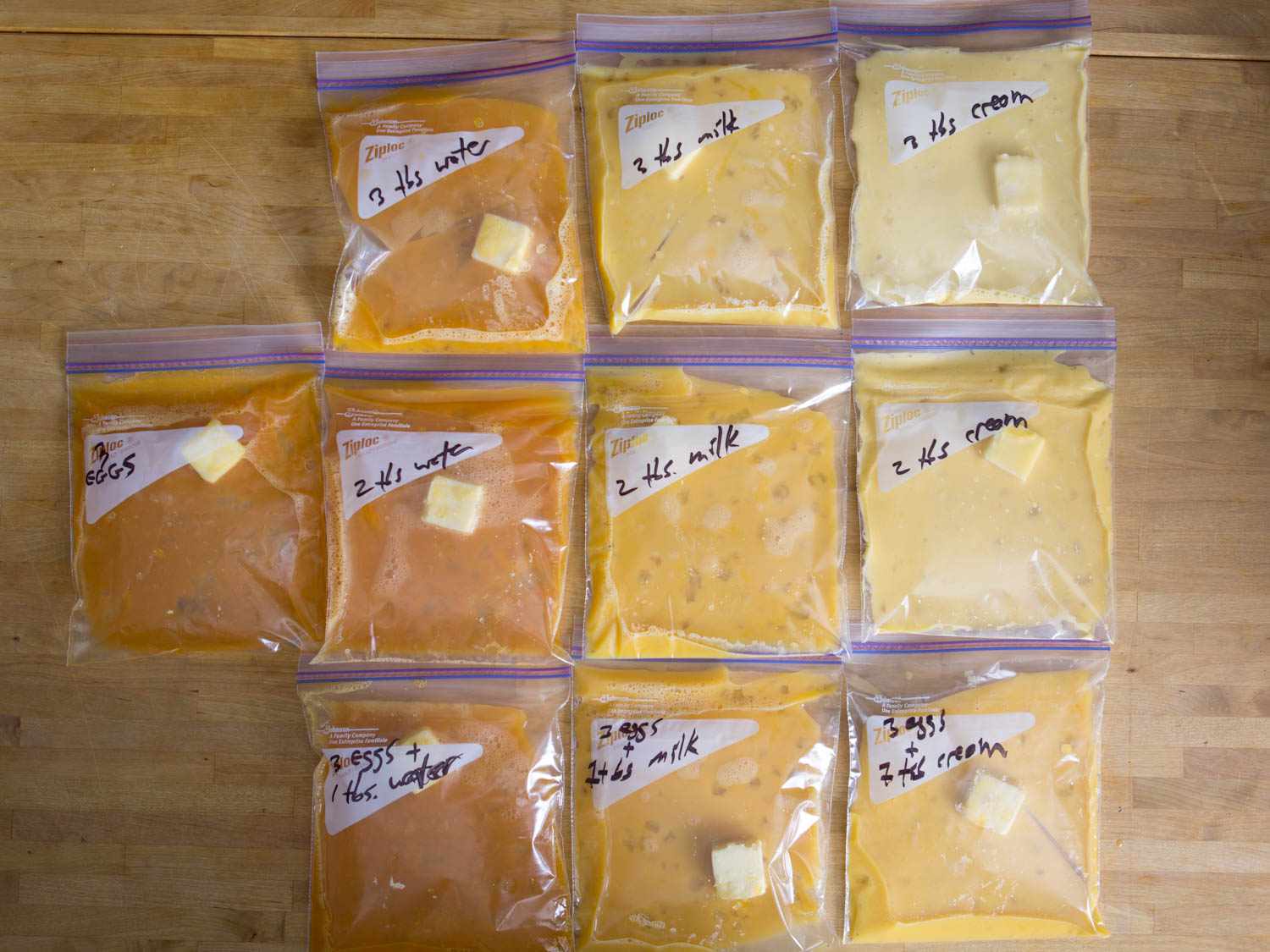 Scrambled eggs with different liquids added to them, in zip top bags.