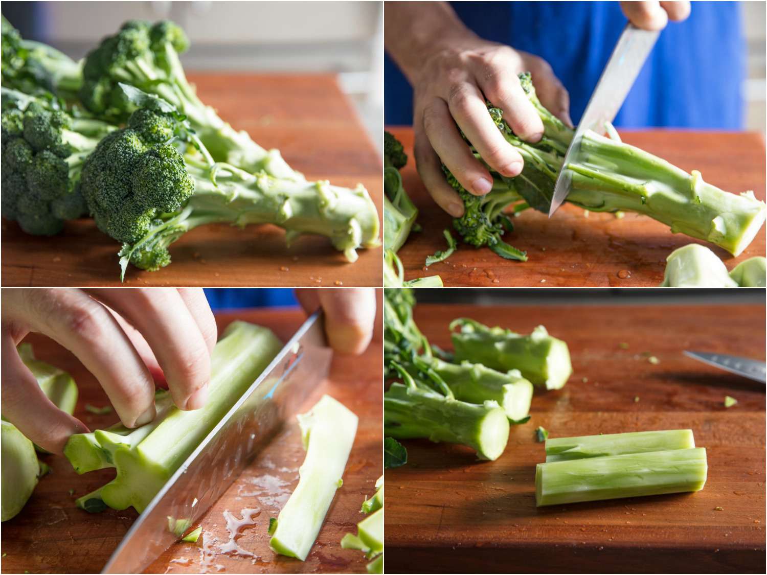 Collage of four images showing severing and peeling broccoli stems.