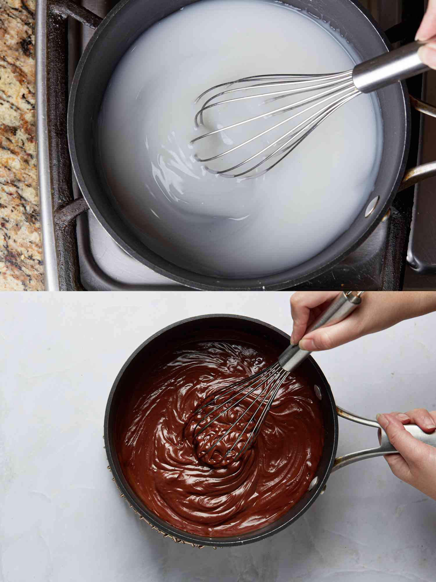 2 image collage. Top: whisking cornstach, sugar, and salt in a saucepan.Bottom: Mixing chocolate in a saucepan 