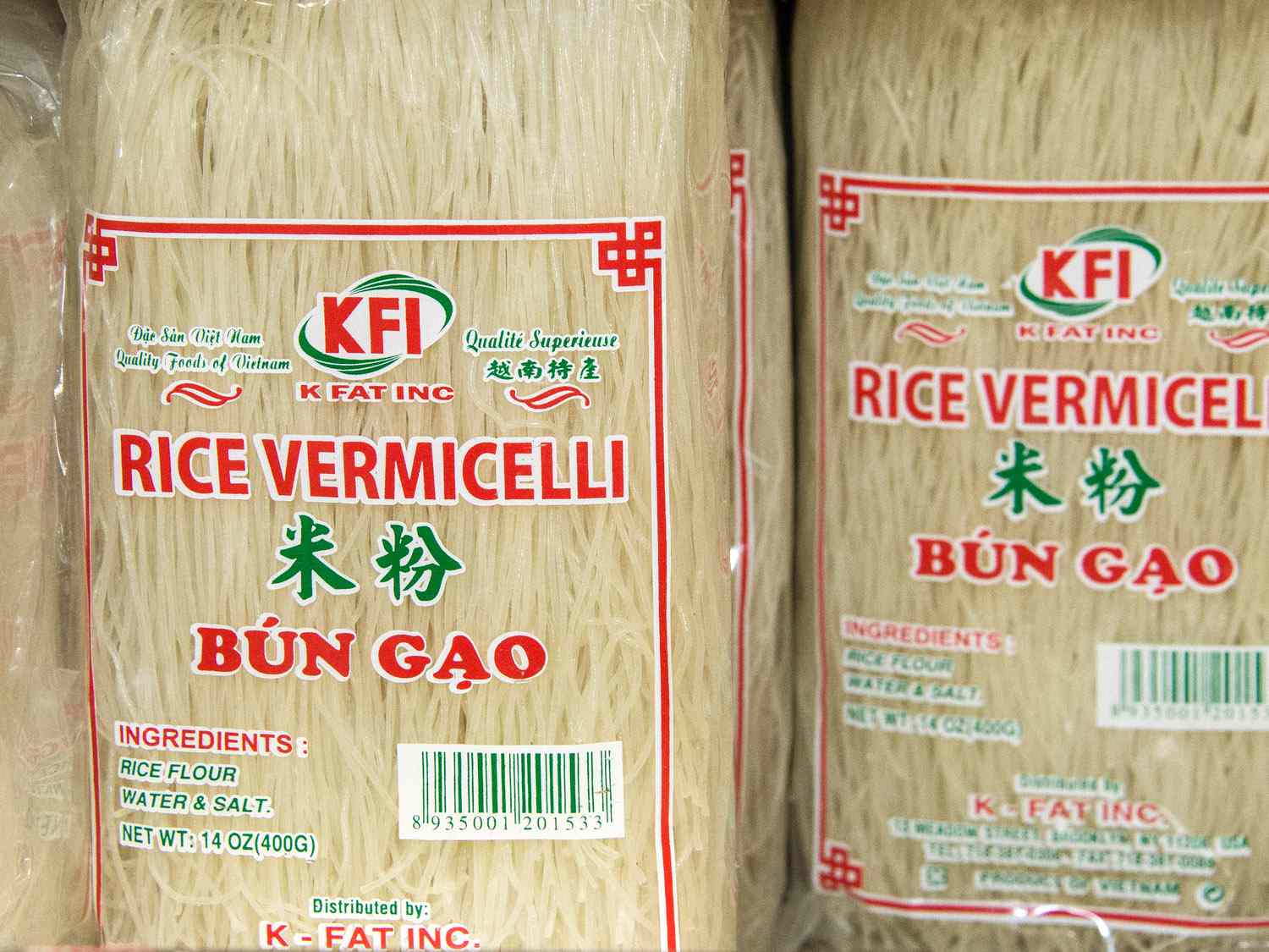 Two packages of rice vermicelli.