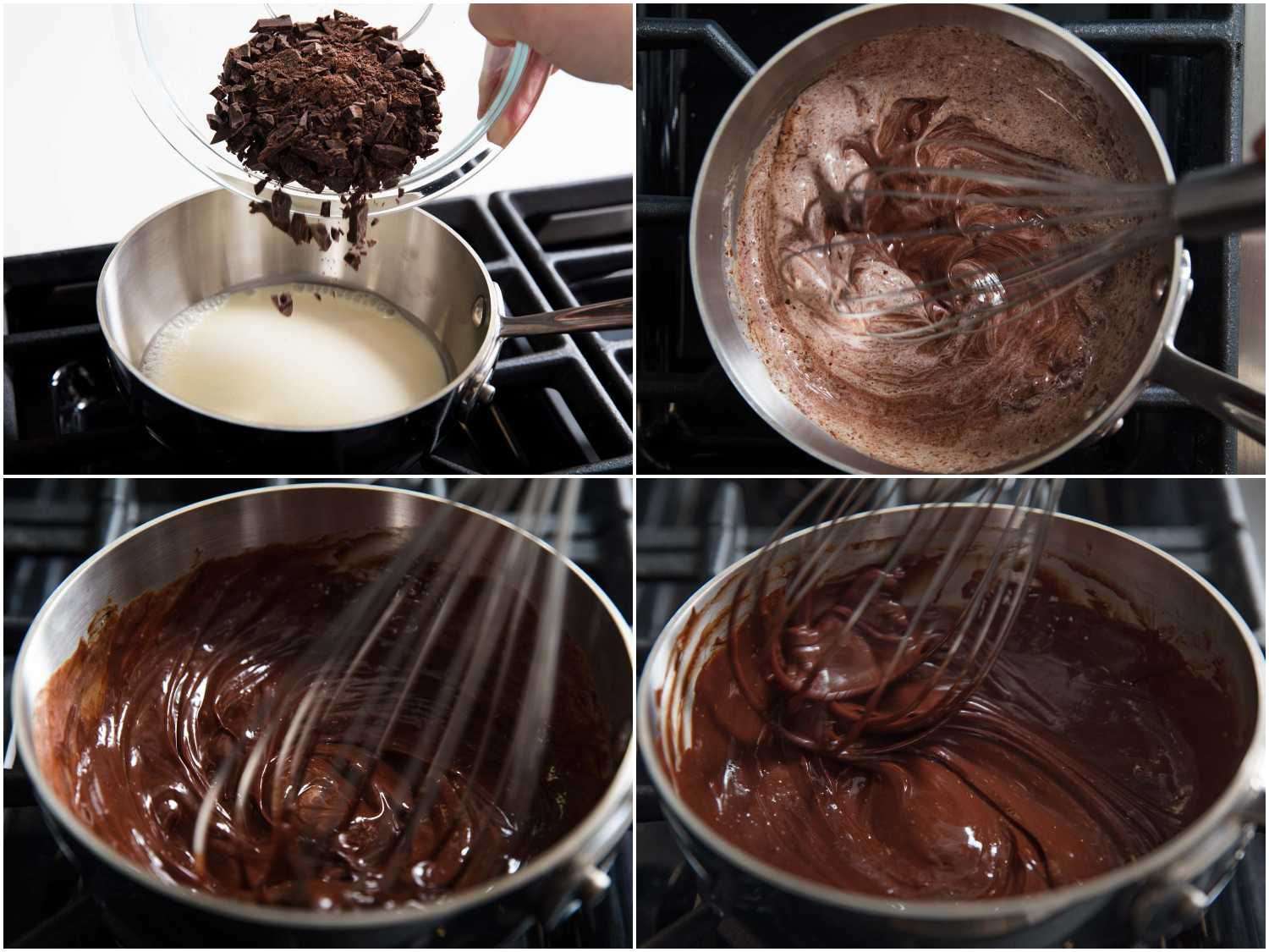 Adding chopped chocolate to hot cream and whisking to make a ganache.