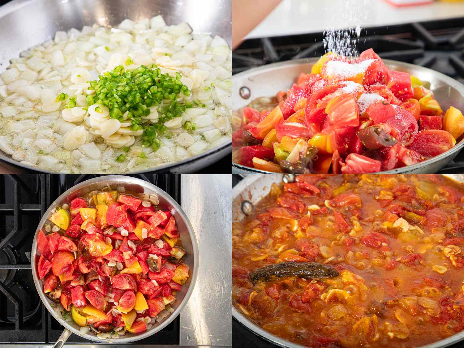 Four cooking stages of preparing Galayet Bandora with onions tomatoes and spices in a skillet on a stove