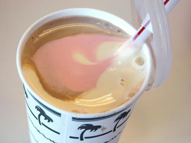 A Neapolitan shake with vanilla, chocolate, and strawberry all mixed together