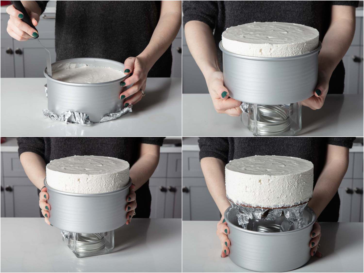 A collage: loosening the edge of the cheesecake with an offset spatula, placing the pan on a glass container and pulling the side down to reveal the cheesecake inside.