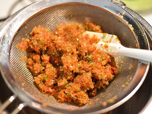 The rinsed and drained onion-chile mixture, ready to simmer.