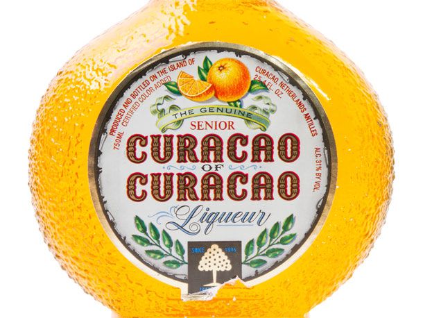 A bottle of Senior Curaçao of Curaçao liqueur