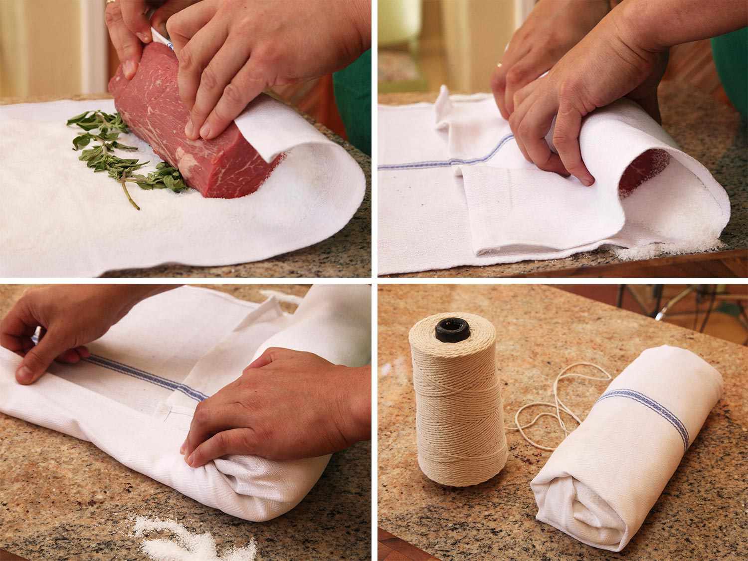 Collage of four images showing rolling the tenderloin in the salt-covered towel.