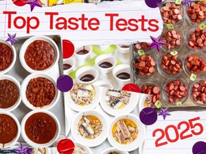 Various food samples displayed for a taste test event with text Top Taste Tests 2025 visible