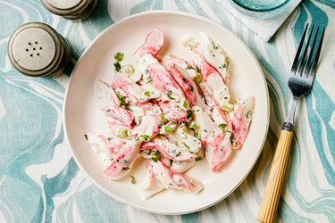 Overhead view of plated crab salad 
