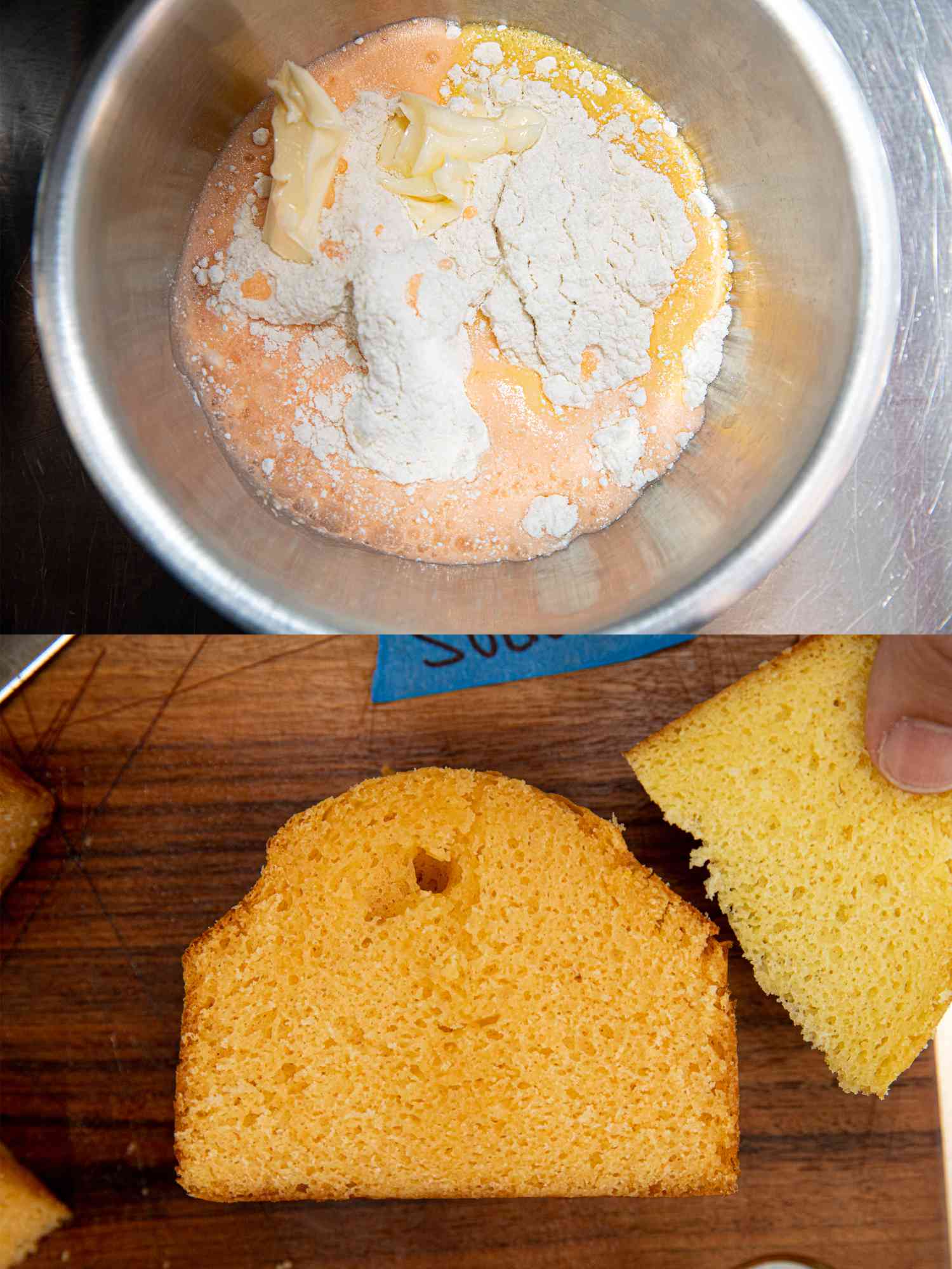 Two image collage of before and after adding soda to cake batter