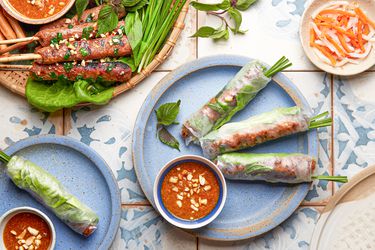 Overhead view of pork paste rice paper rolls 