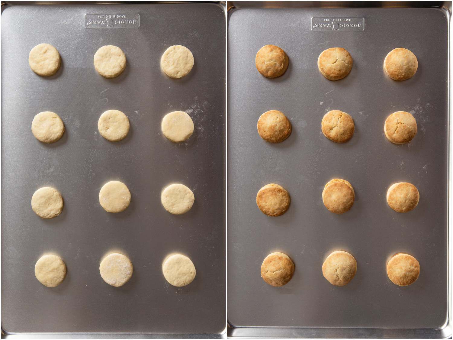 Collage of unbaked and baked biscuits on a baking sheet5