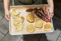 Eggs, pancakes, and bacon cooked on the Traeger Flatrock Flat Top Grill