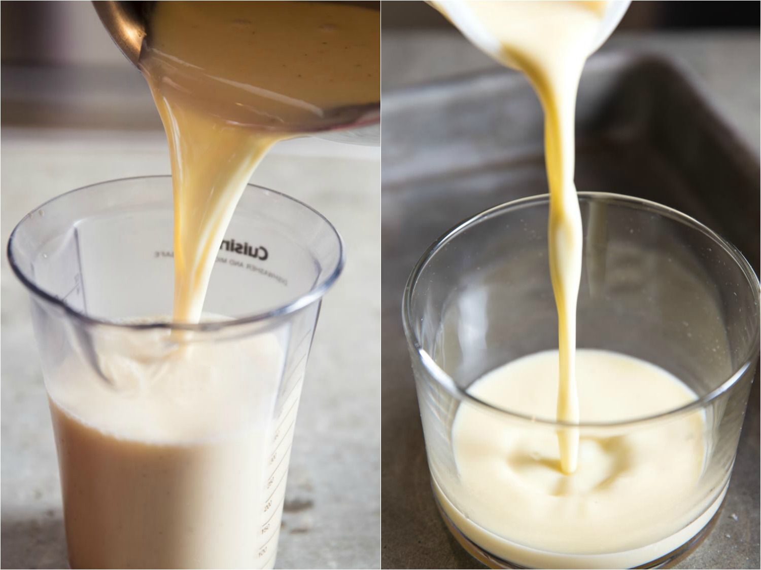 Collage of 2 images showing the finished panna cotta base being transferred to a 4-cup measure and small serving glass.