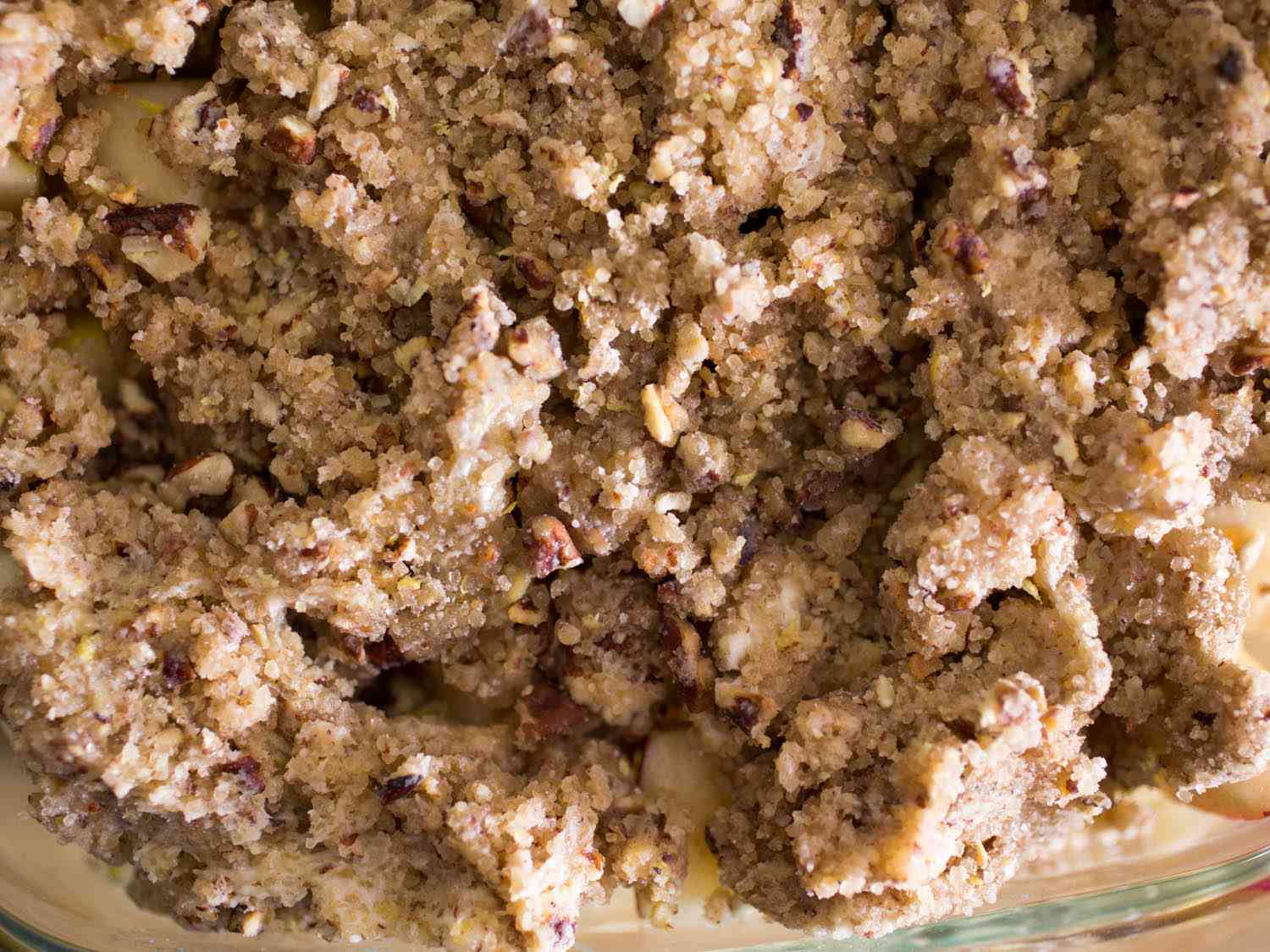 Close-up of unbaked topping for apple crisp.