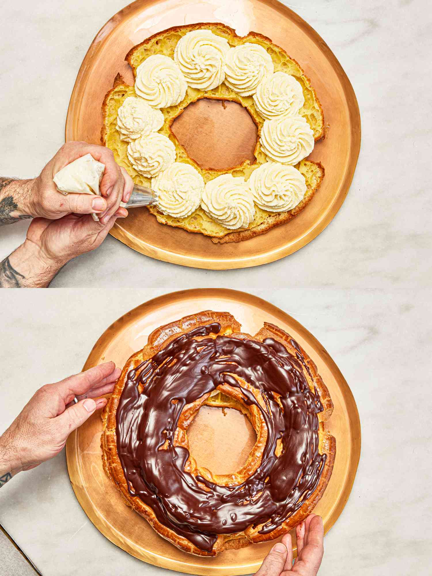 Two image collage of piping cream on inside choux and placing top 