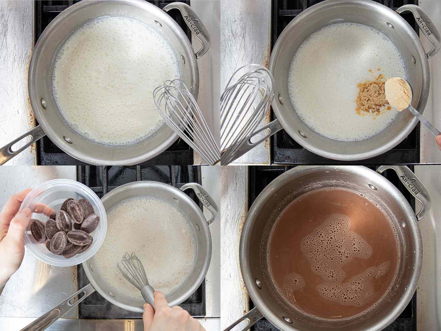 Collage of 4 photos depicting how to make hot chocolate.