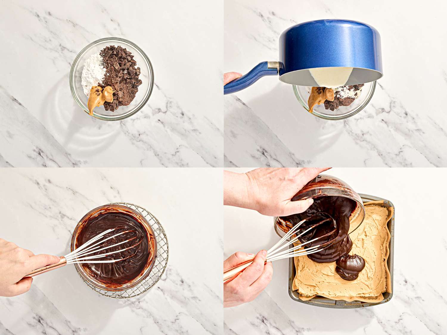 Process of making tripledecker peanut butter brownies combining ingredients melting mixing batter and layering in a pan