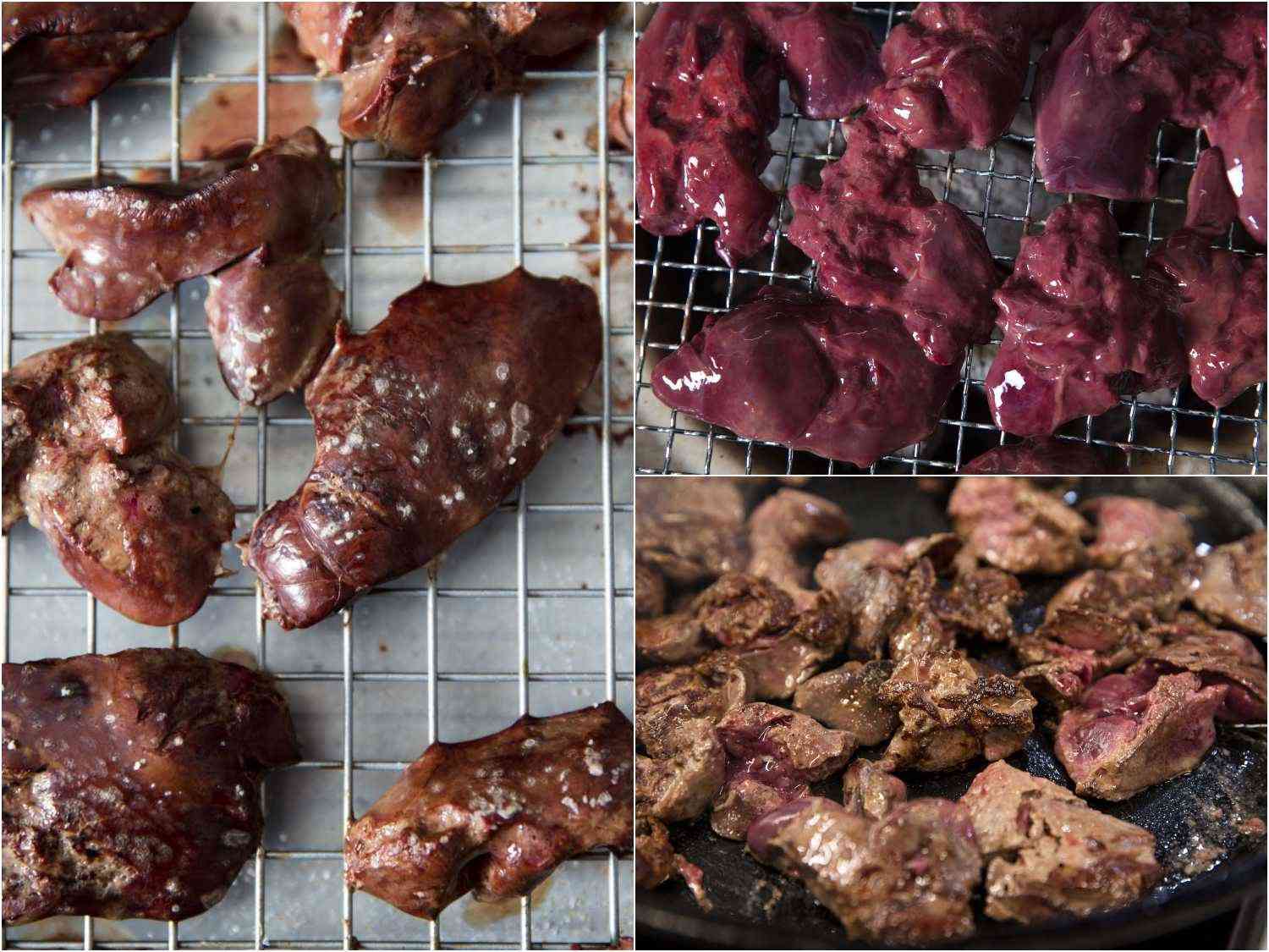 A 3-image collage showing testing of different cooking methods for liver when making chopped liver (broiled versus grilled versus pan-fried).