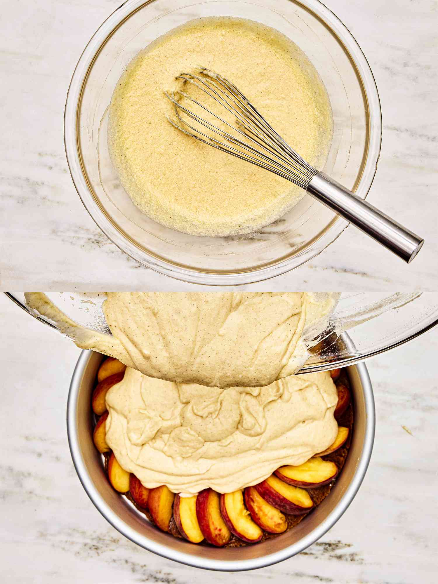 Two image collage of pouring batter over peaches