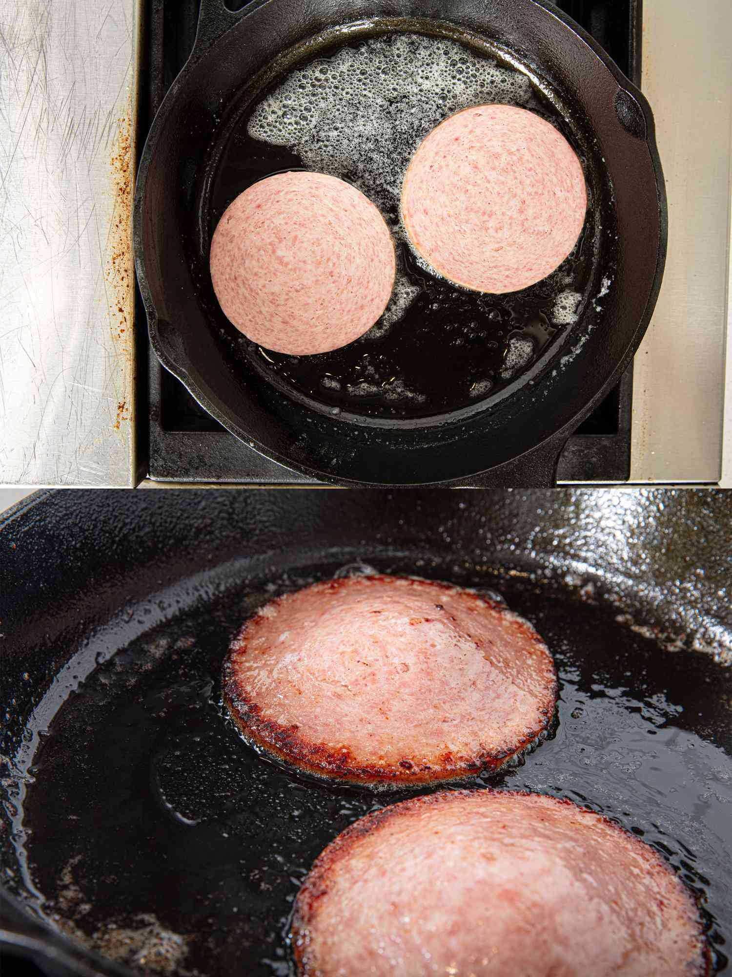 Pork roll searing in a cast-iron pan.