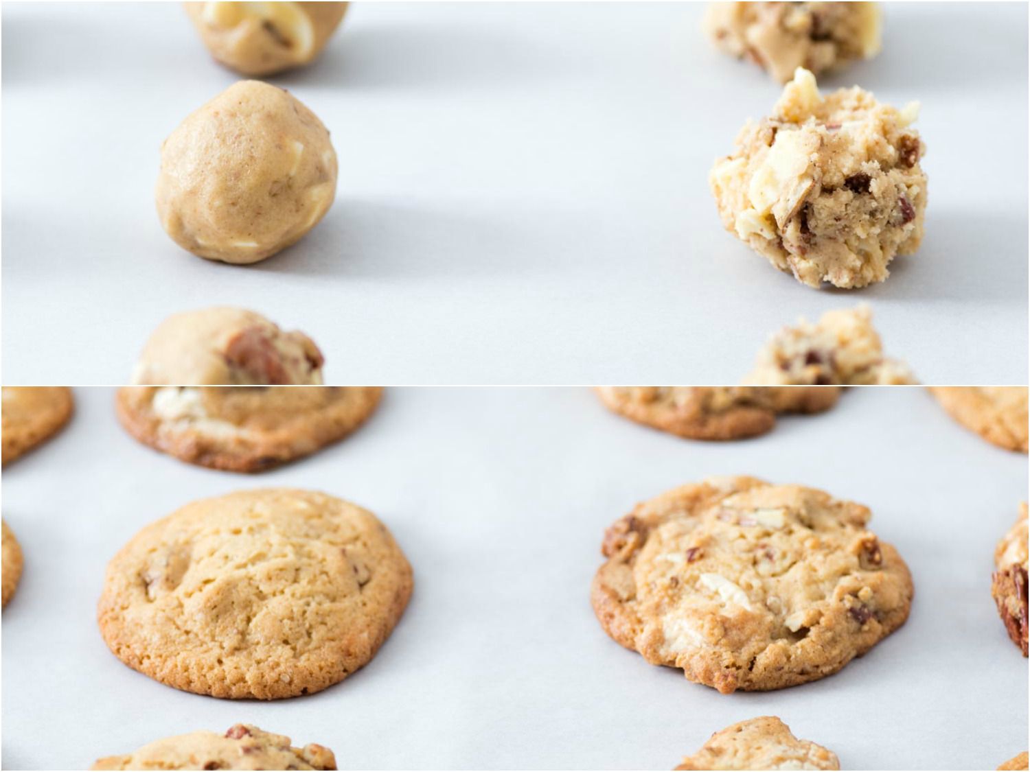 A before and after comparison of cookie dough that's been rolled into balls or simply portioned and left unrolled. The finished unrolled cookie is riddled with visible chunks of nuts and chips (the rolled cookies do not).