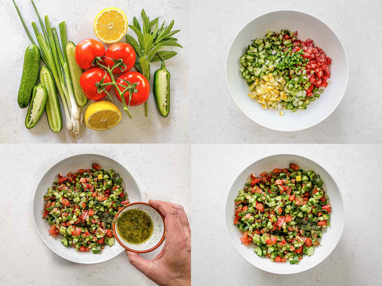 Four Image Collage. Clockwise from upper left: Fresh chiles, tomatoes, peppers and lemons; all vegetables chopped up in a bowl unmixed; dressing being added to the bowl finished salad in a bowl.
