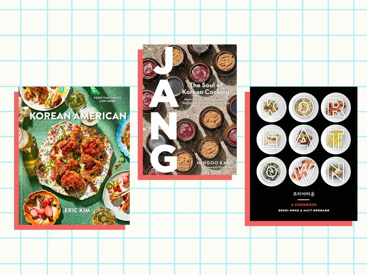  Korean American Cookbook, Jang: The Soul of Korean Cooking, and Koreatown cookbook on a blue and white grid background