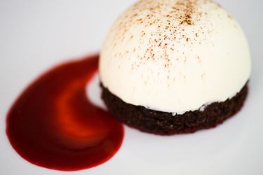 White Chocolate and Raspberry Frozen Mousse Bombe plated with raspberry sauce