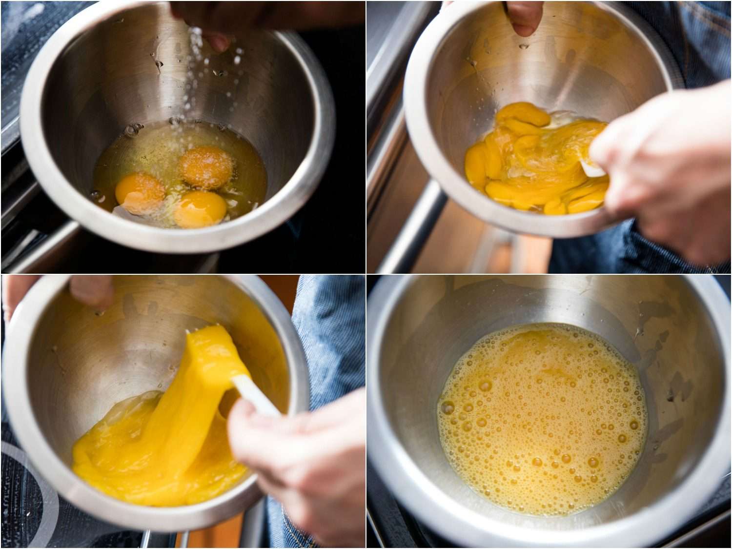 4-image collage of photos of preparing eggs for scrambling: salting eggs in a bowl, beating with a fork until combined, frothy beaten eggs.