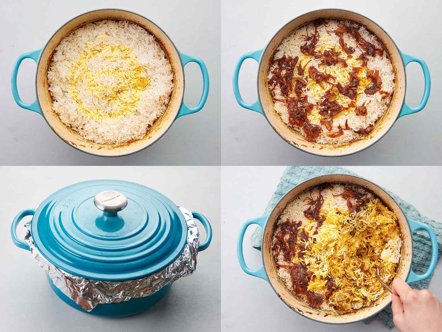 Four image collage of adding saffron mixture, onions, covering Dutch oven with foil and fluffing finished biryani.