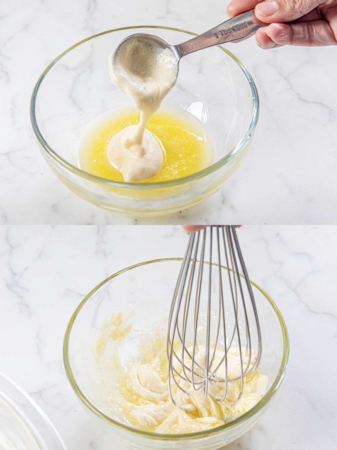 Two image collage of adding batter to butter and whisking it together