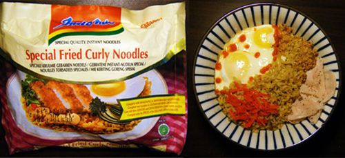 A package and bowl of Indomie Special Fried Curly Noodles.