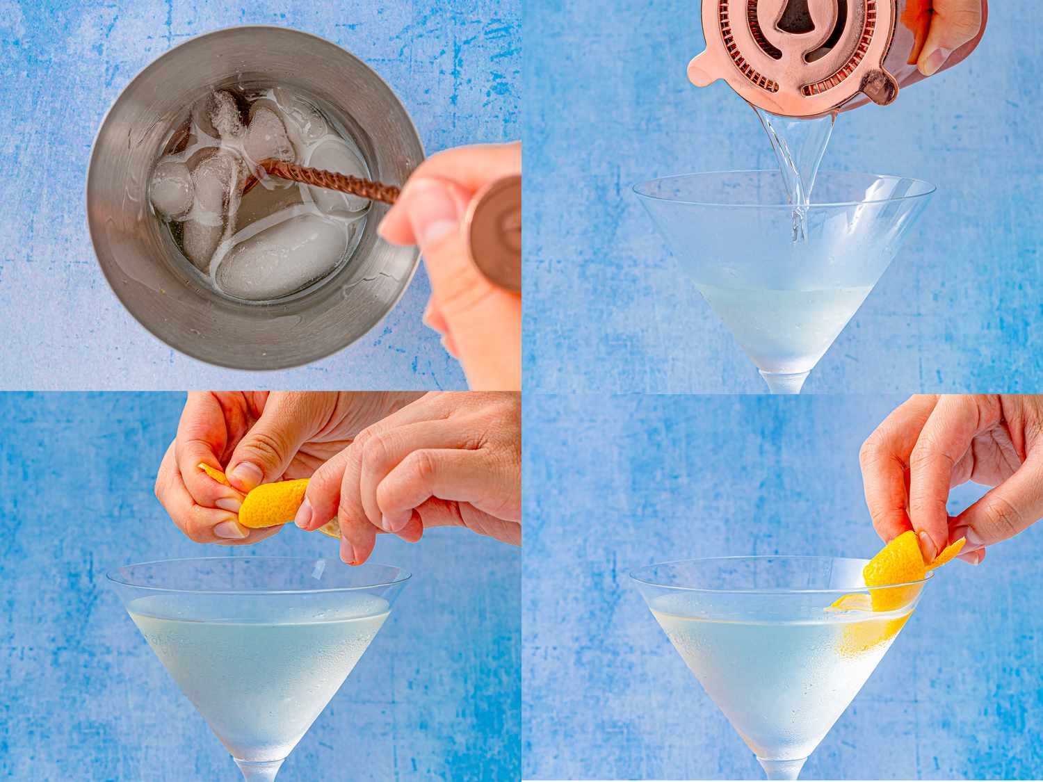 Four image collage of stirring a martini in a mixing tin, straining it into a glass, and garnishing with a lemon twist.