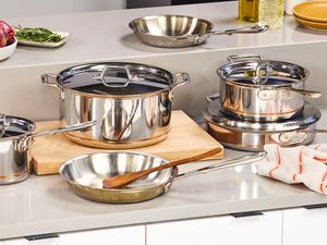 The All-Clad Copper Core 10-Piece Cookware Set on a kitchen countertop