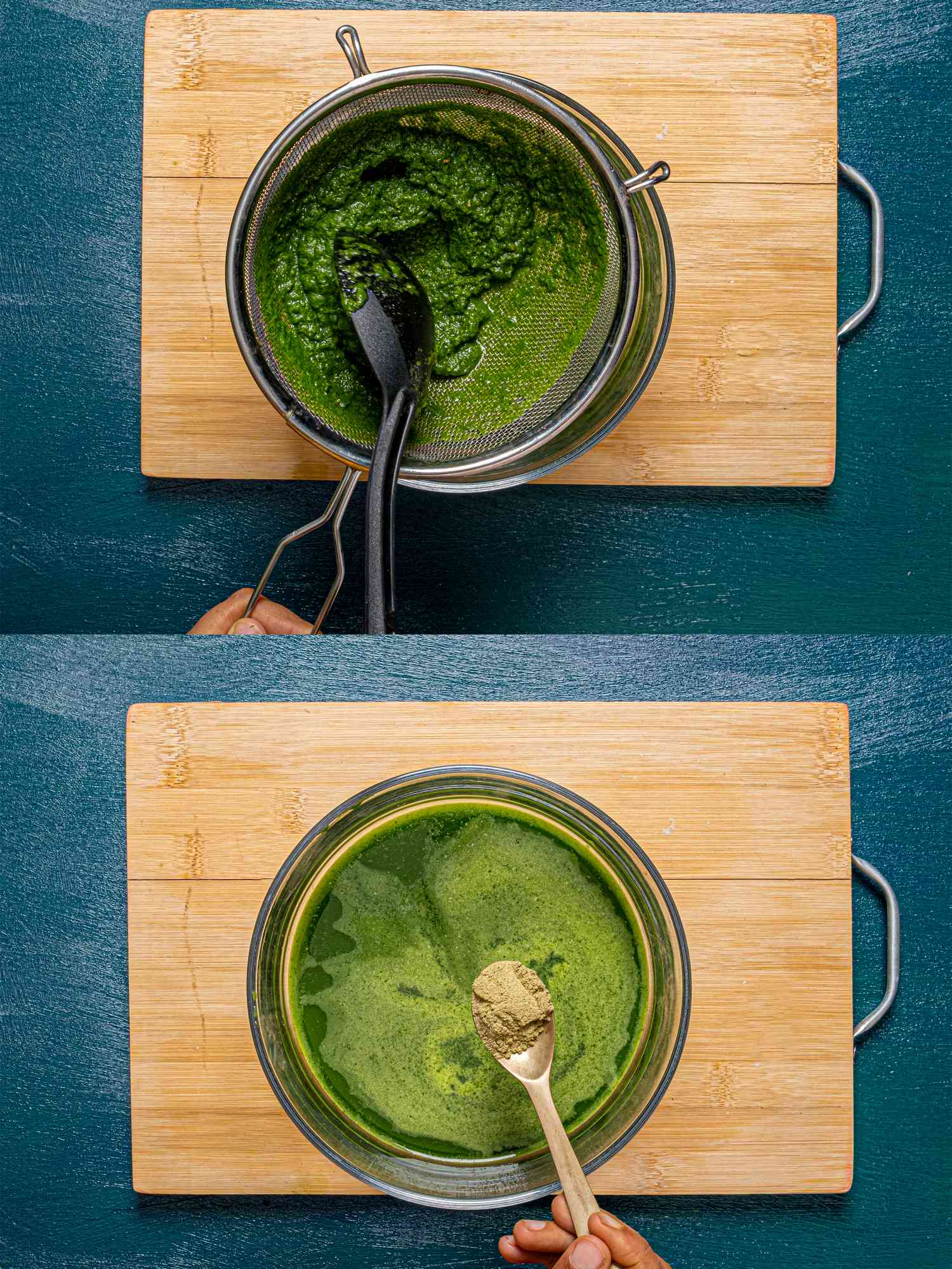 Two image collage of straining and adding spices
