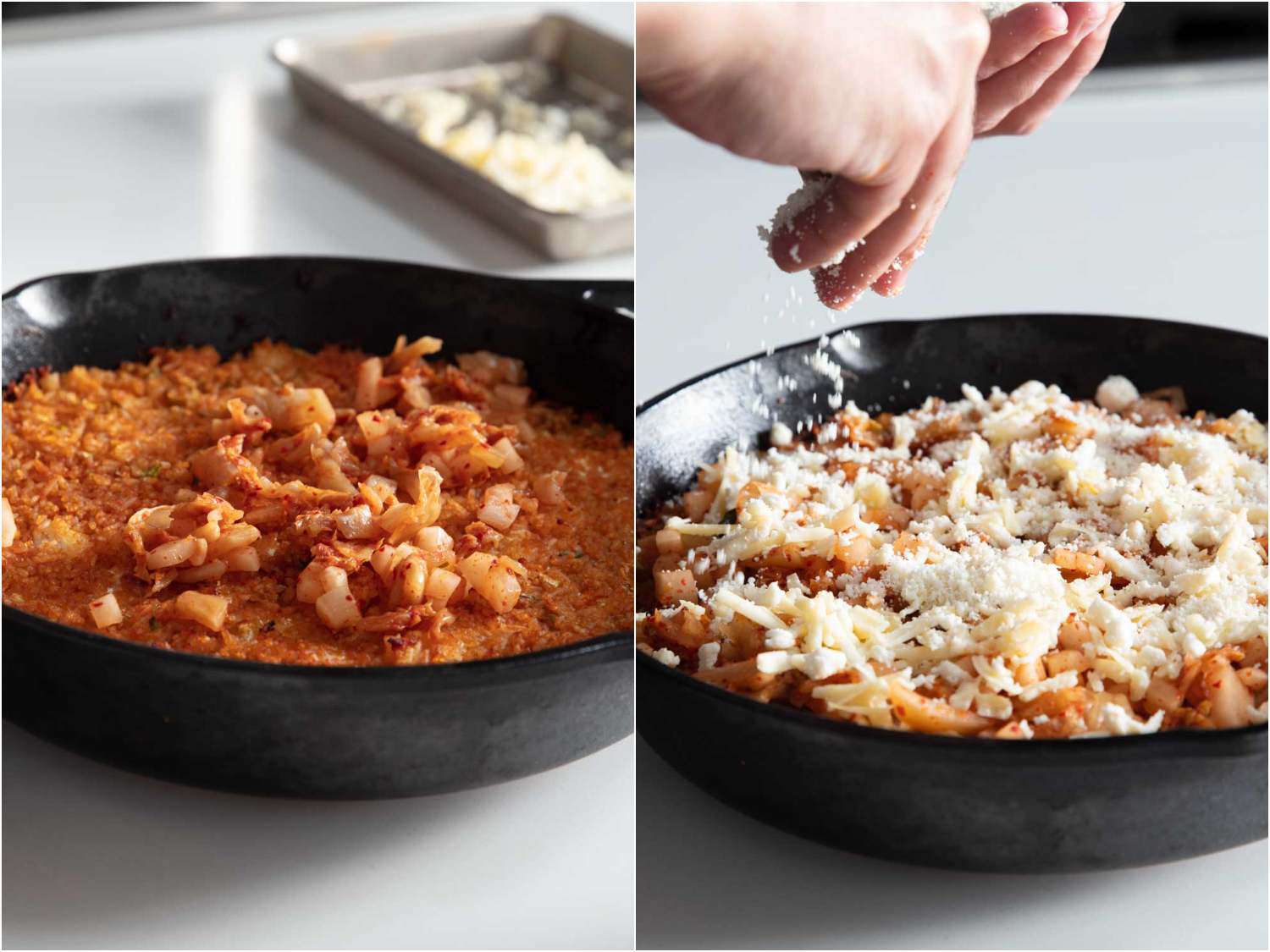 Top skillet rice with kimchi and remaining cheese. 
