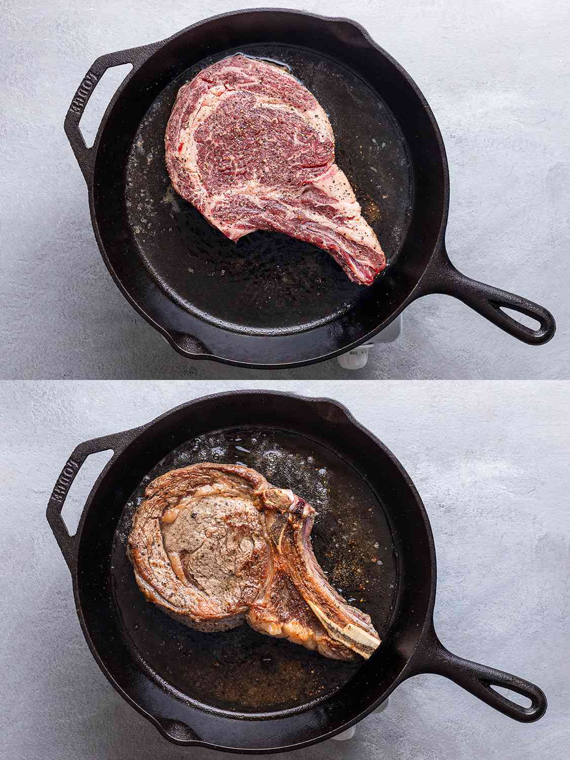 A two-image collage showing the steak placed into a hot cast iron pan, and then flipped over showing the side that had been browned.