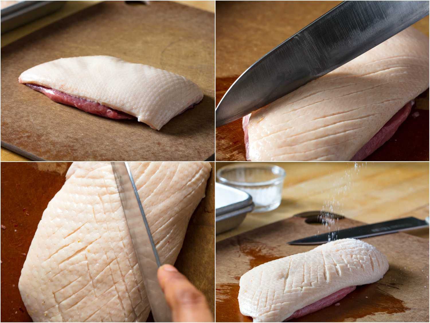 Collage of scoring duck breast in crosshatch pattern