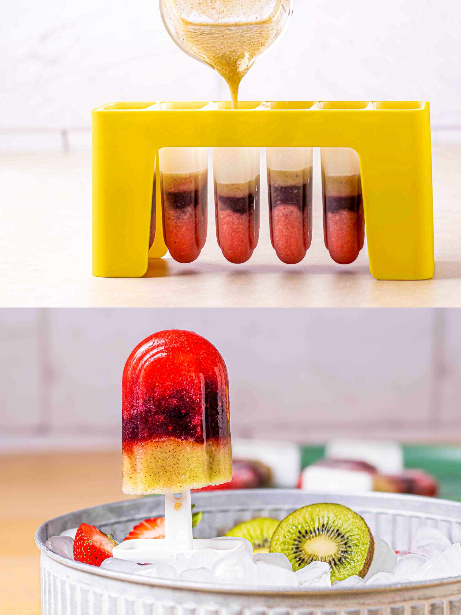 Two image collage of filling molds with kiwi and finished popsicle 