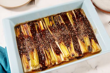 Overhead view of braised leaks