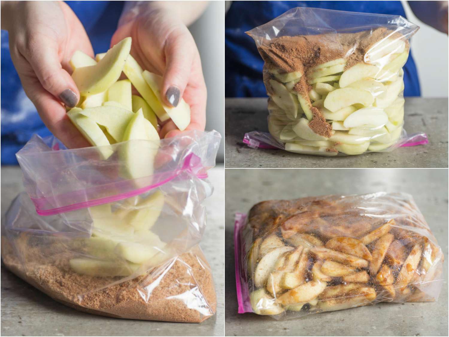 A collage: adding apple slices to a zip lock bag to macerate with brown sugar. 